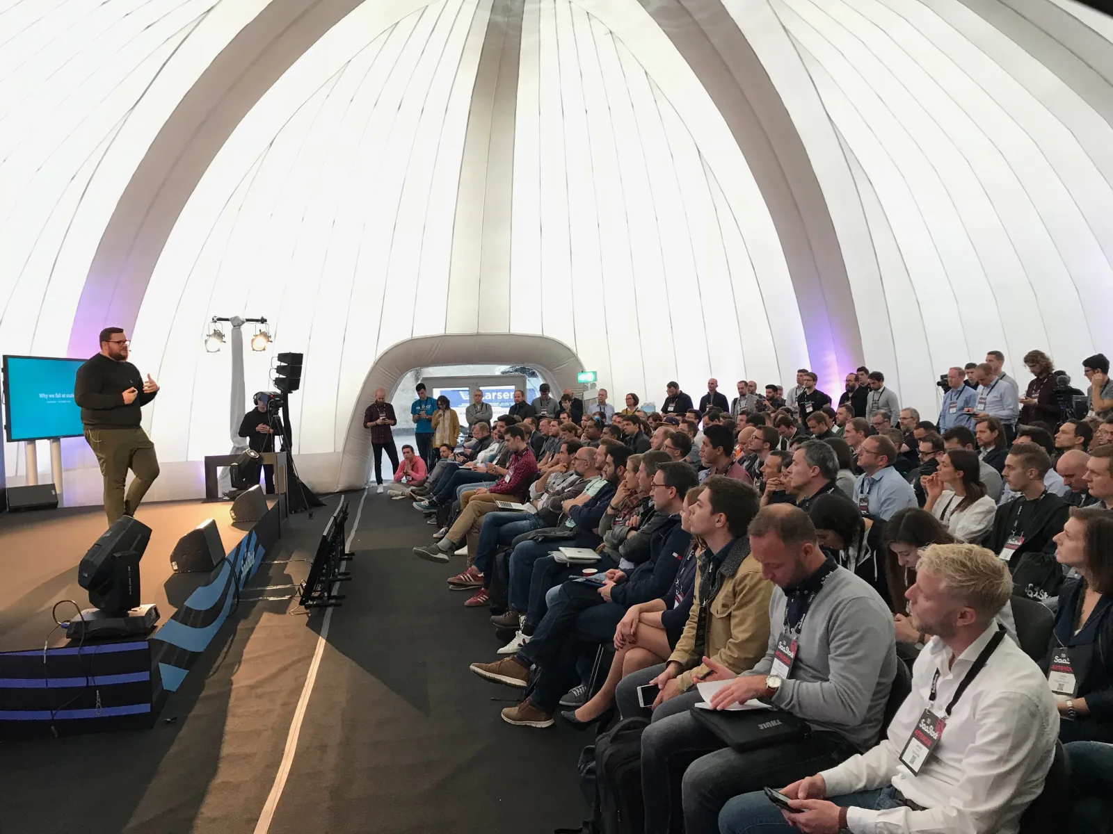 Live at SaaStock Europe 2018 — Growth Stage standing-room session in the inflatable dome at RDS Simmonscourt