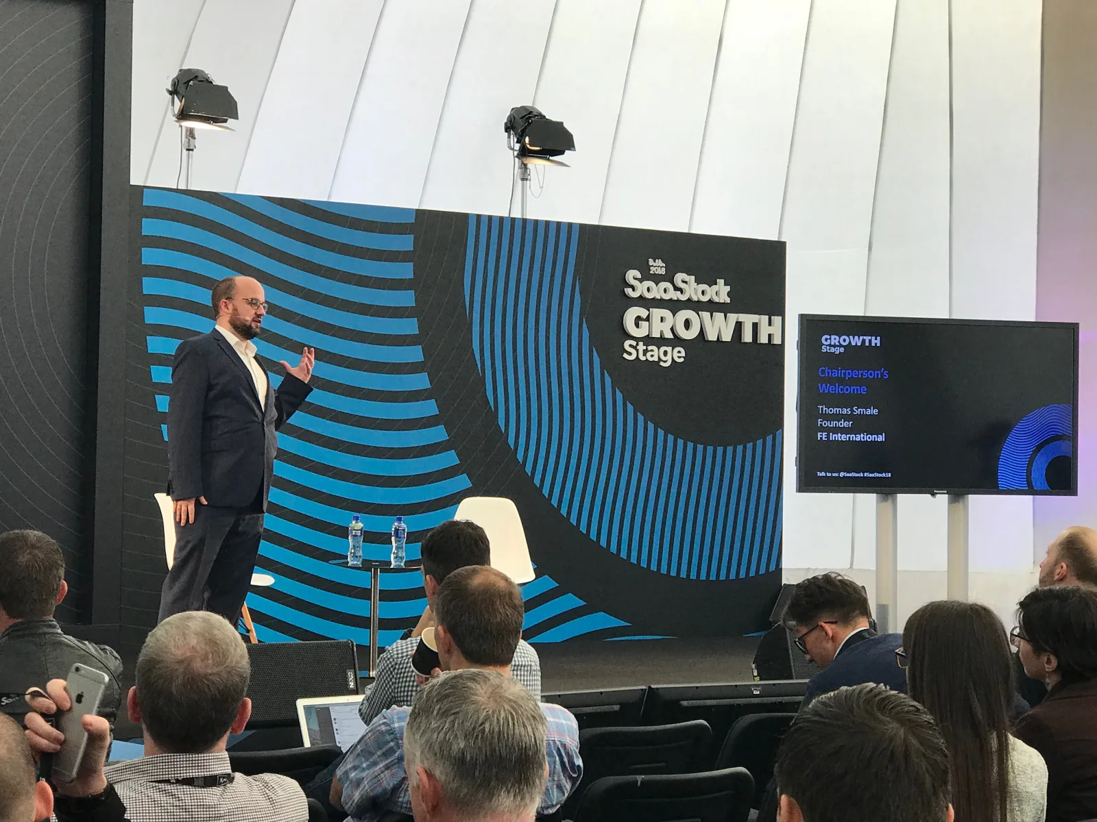 Live at SaaStock Europe 2018 — Thomas Smale (FE International) opening the Growth Stage with the Chairperson's Welcome inside the inflatable dome