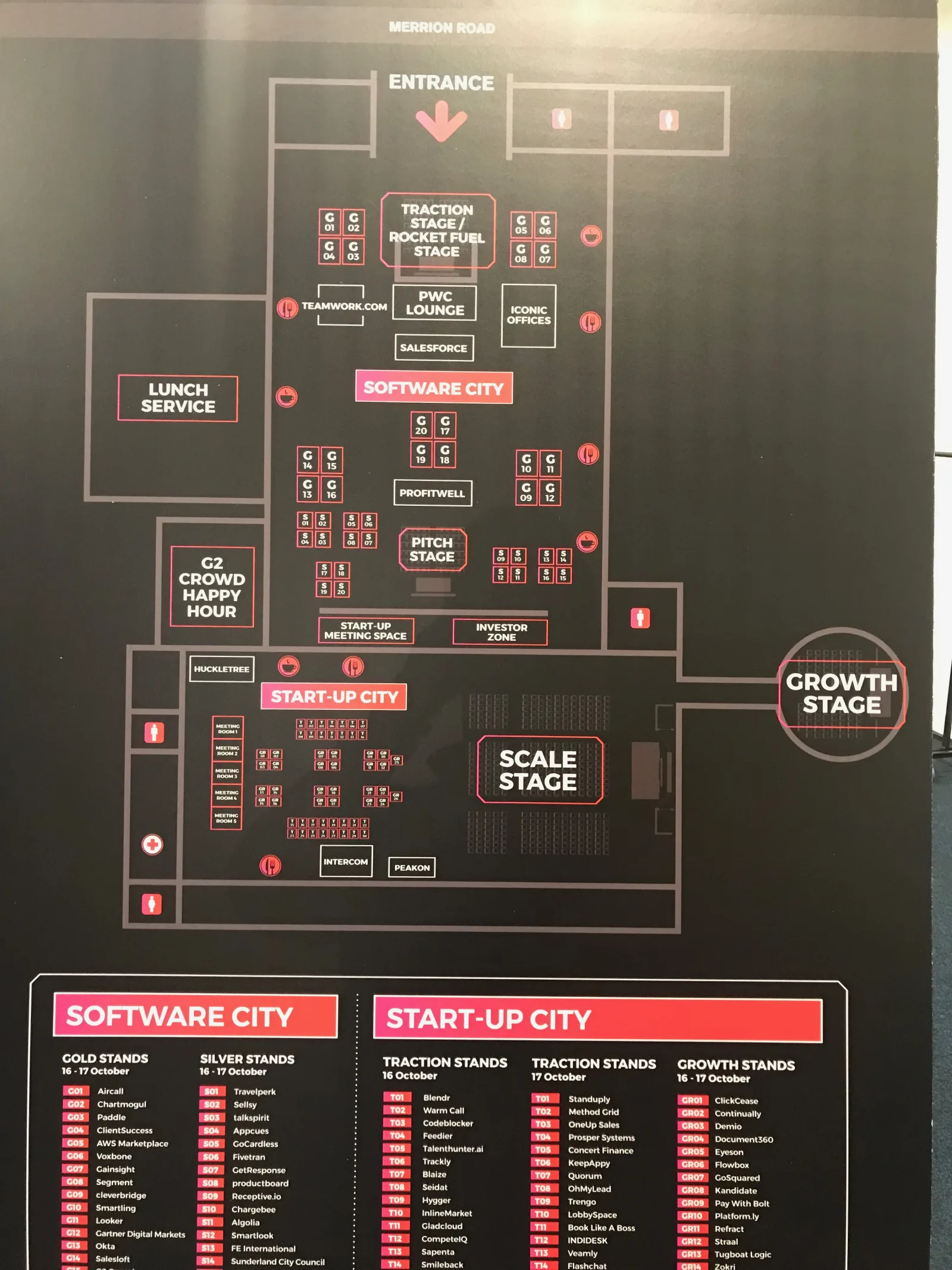 SaaStock Europe 2018 floor plan — RDS Simmonscourt, Dublin, with the Merrion Road entrance, Traction Stage / Rocket Fuel Stage, Software City stands, Pitch Stage, Scale Stage and Growth Stage labelled