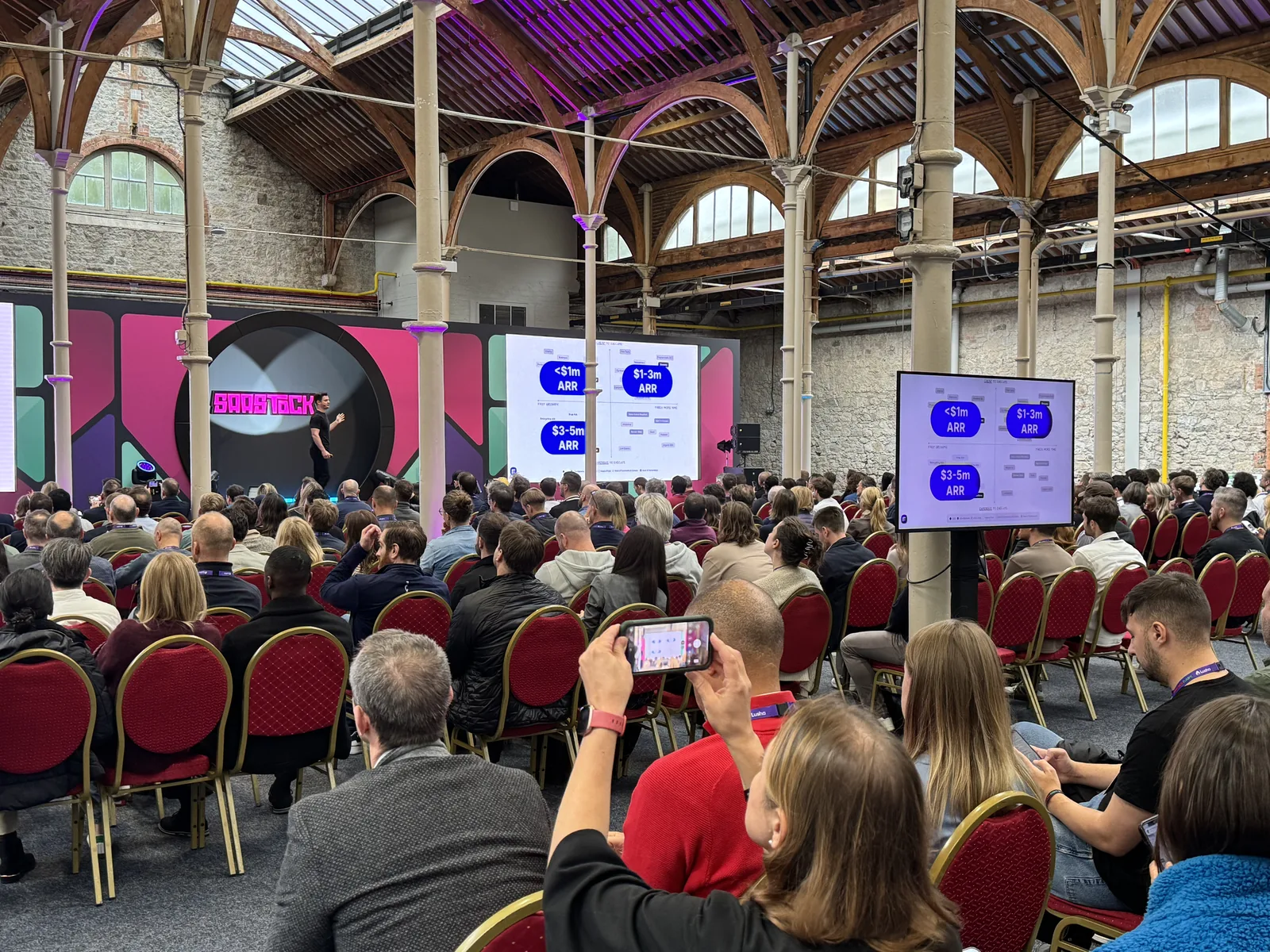 Packed audience watching the SaaStock Europe 2025 mainstage opening keynote under the Victorian glass roof of the RDS, Dublin