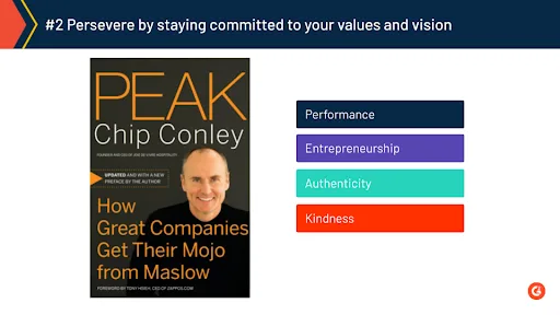 Chip Conley PEAK book cover and core principles: performance, entrepreneurship, authenticity, kindness.