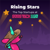 Purple background with orange stars, pink unicorn illustration, and copy that reads Rising Stars Top Startups at SaaStock USA