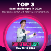 Conference speaker photo with pink gradient background that reads "Top three SaaS challenges in 2024: How SaaStock USA will help you overcome them"