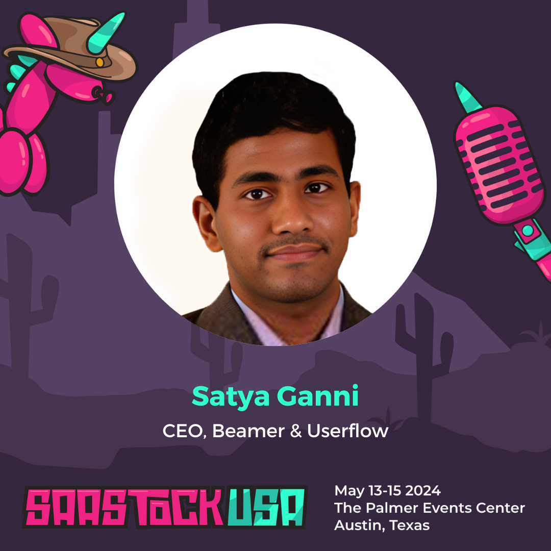 Headshot of Beamer CEO Satya Ganni in purple frame, signposting to SaaStock USA.