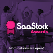 SaaStock Awards logo with rosette award icon. Copy reads "nominations are open"