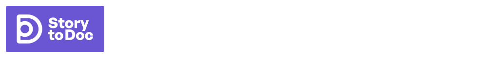 Storytodoc logo. White copy, purple background