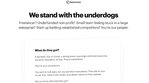 The Underdogs page on Basecamp's website.