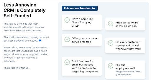The homepage of Less Annoying CRM.